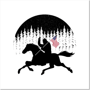 Bigfoot Riding Horse Riding Silhouette Usa Flag Posters and Art